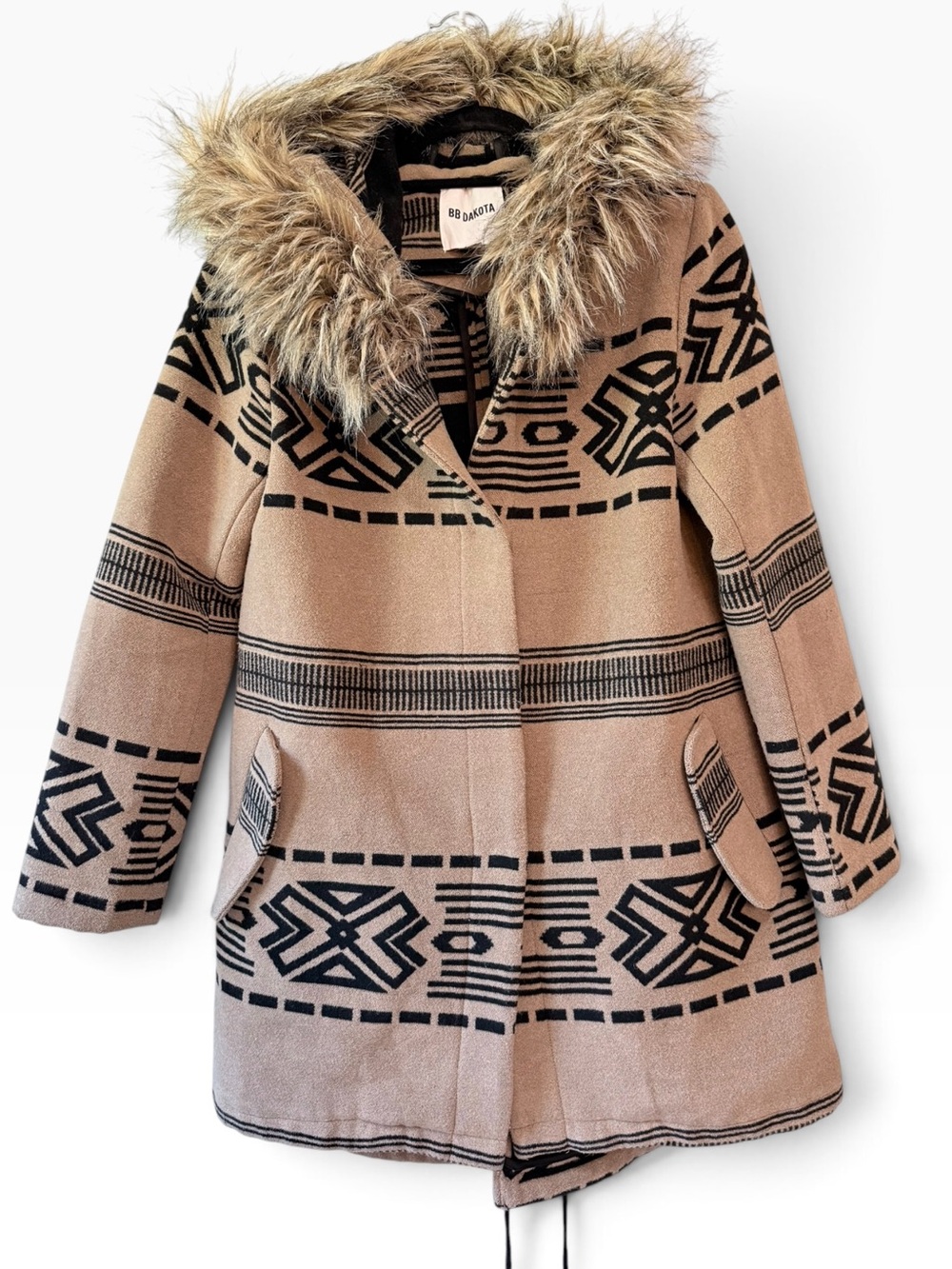 BB Dakota Aztec-Print Coat with Faux Fur Hood Tan Black Size Medium